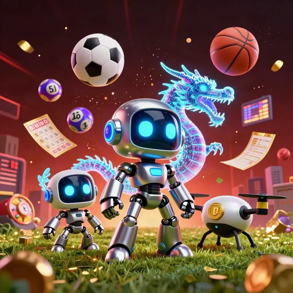 Cyberpunk robot, holographic dragon and drone burst amid sports balls and neon casino light.