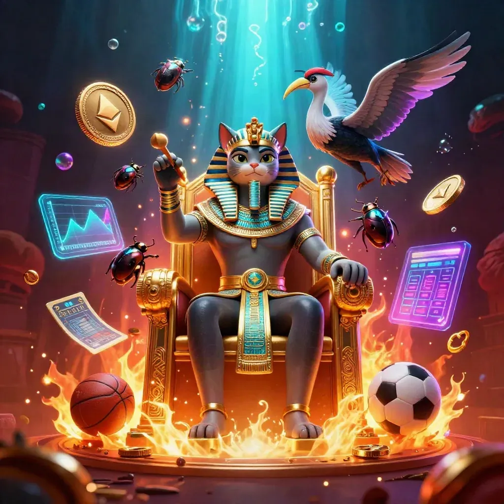 Pharaoh cat on a golden throne with an ibis scribe, scarabs, neon coins, and sports props.