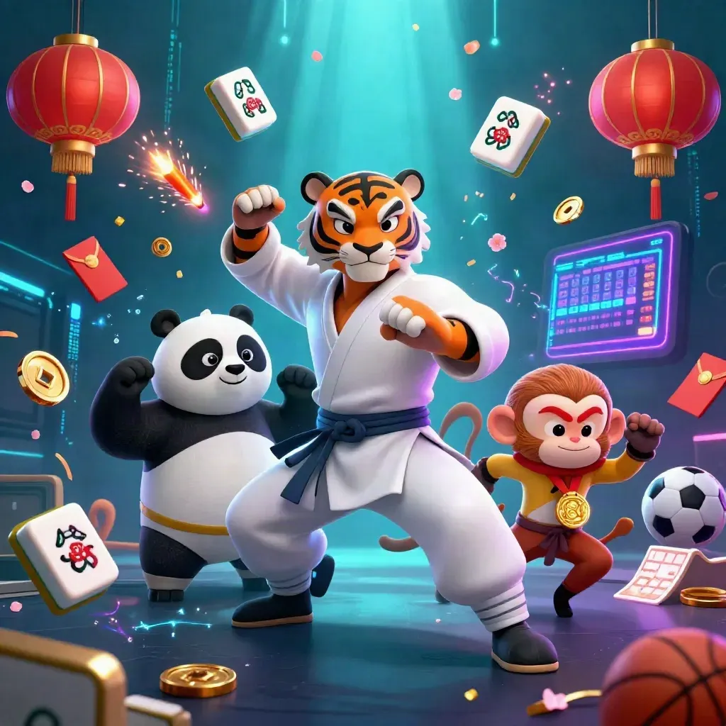 Kung-fu tiger, panda, and monkey amid casino-themed game elements in neon underwater light.