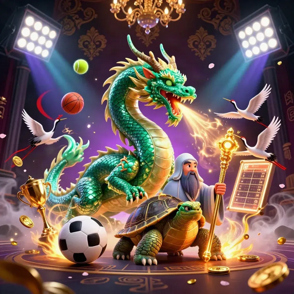 Jade dragon, turtle sage, and cranes amid casino lights, flying sports balls, gold coins, and petals.