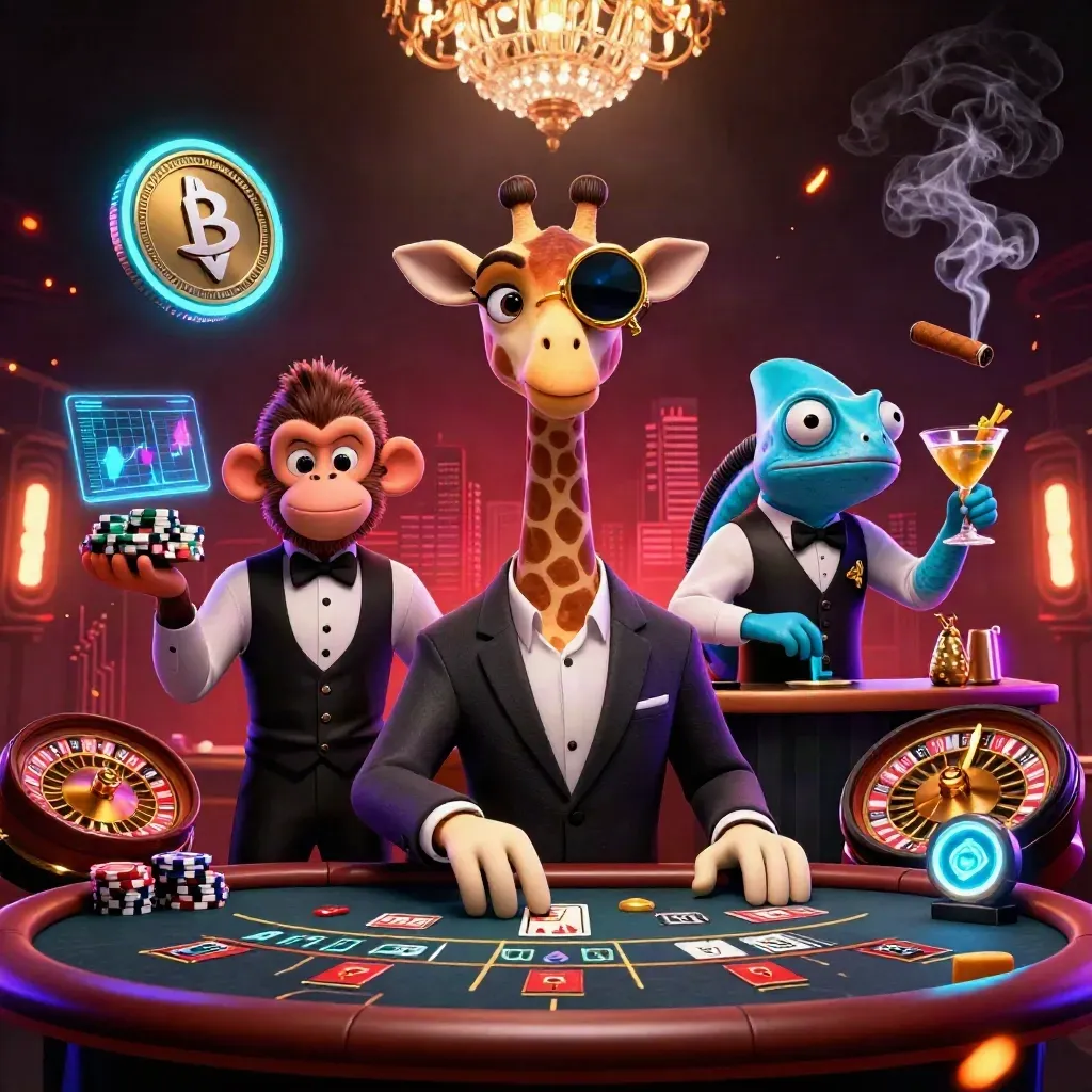 Giraffe, monkey, and chameleon in a neon casino scene with coins, smoke, and glowing lights.
