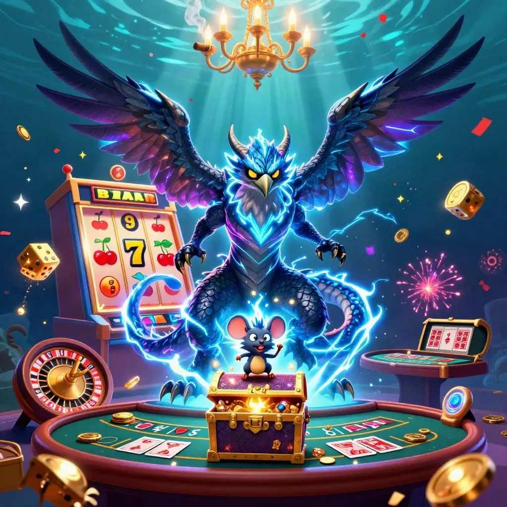 Thunder dragon, wind hawk, and static mouse amid slot bursts, gold, fireworks, and neon casino magic.