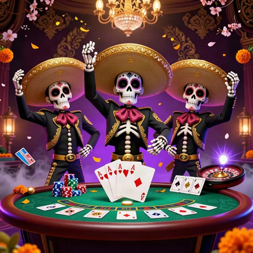 Skeleton mariachi trio in a neon casino scene with chips, cards, roulette, brass, petals, and fog.