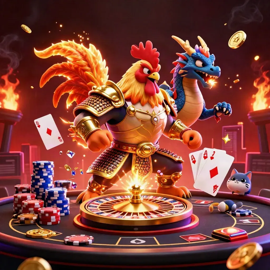 Rooster warrior, dragon hatchling, and fortune cat amid coins, chips, cards, and neon casino lights.