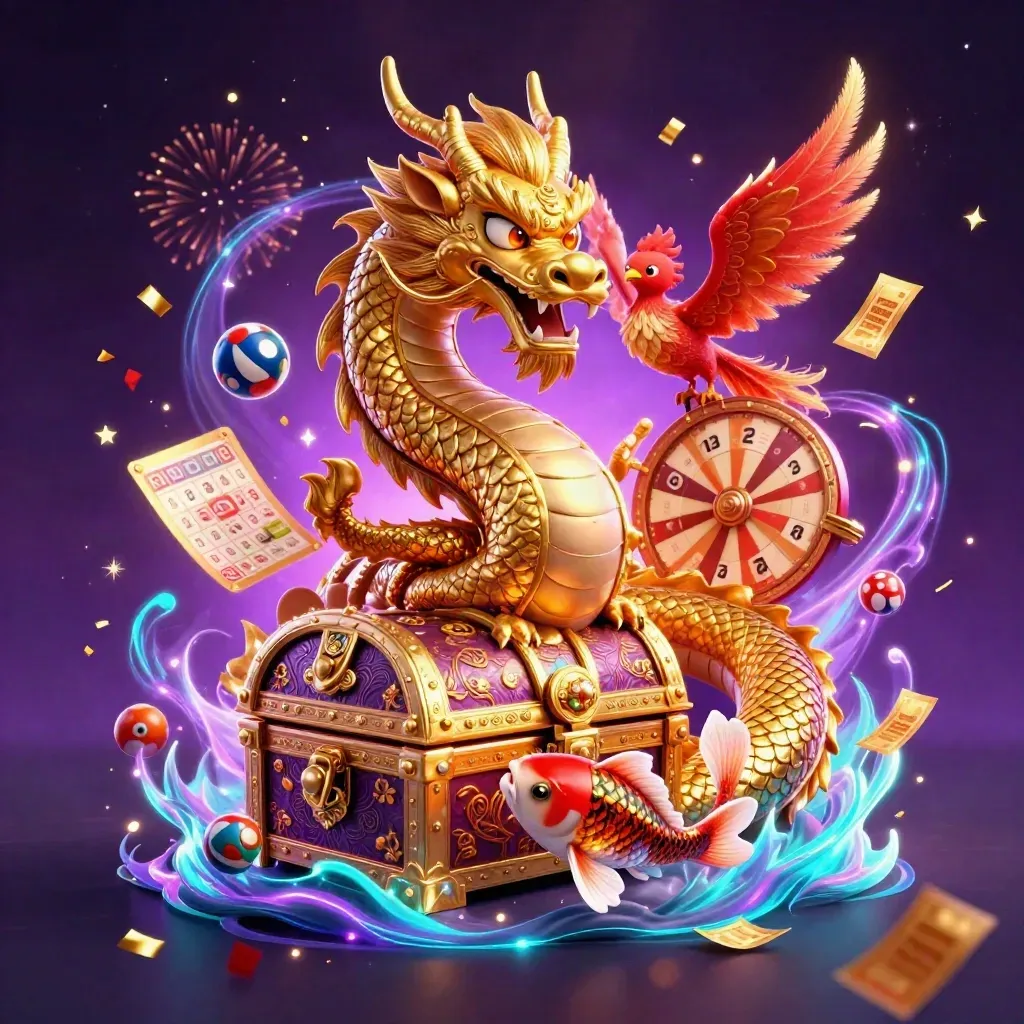 Golden dragon, baby phoenix and koi amid treasure, tickets and a prize wheel in neon purple glow