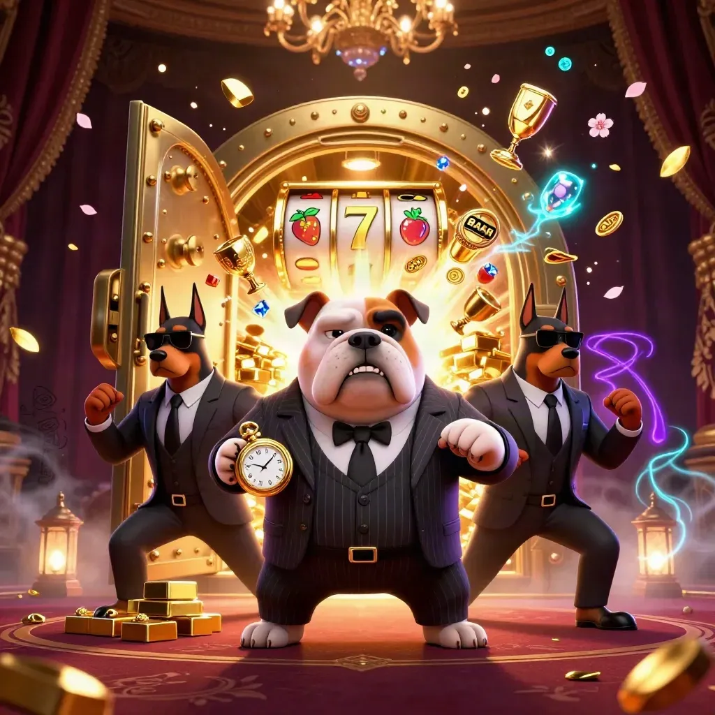 Bulldog mob boss and two Dobermans amid vault treasure and neon casino effects.