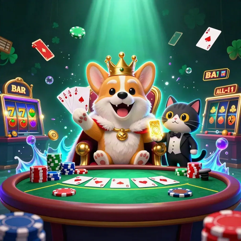 Royal corgi and cat butler amid poker chips, cards, and neon cyan casino burst