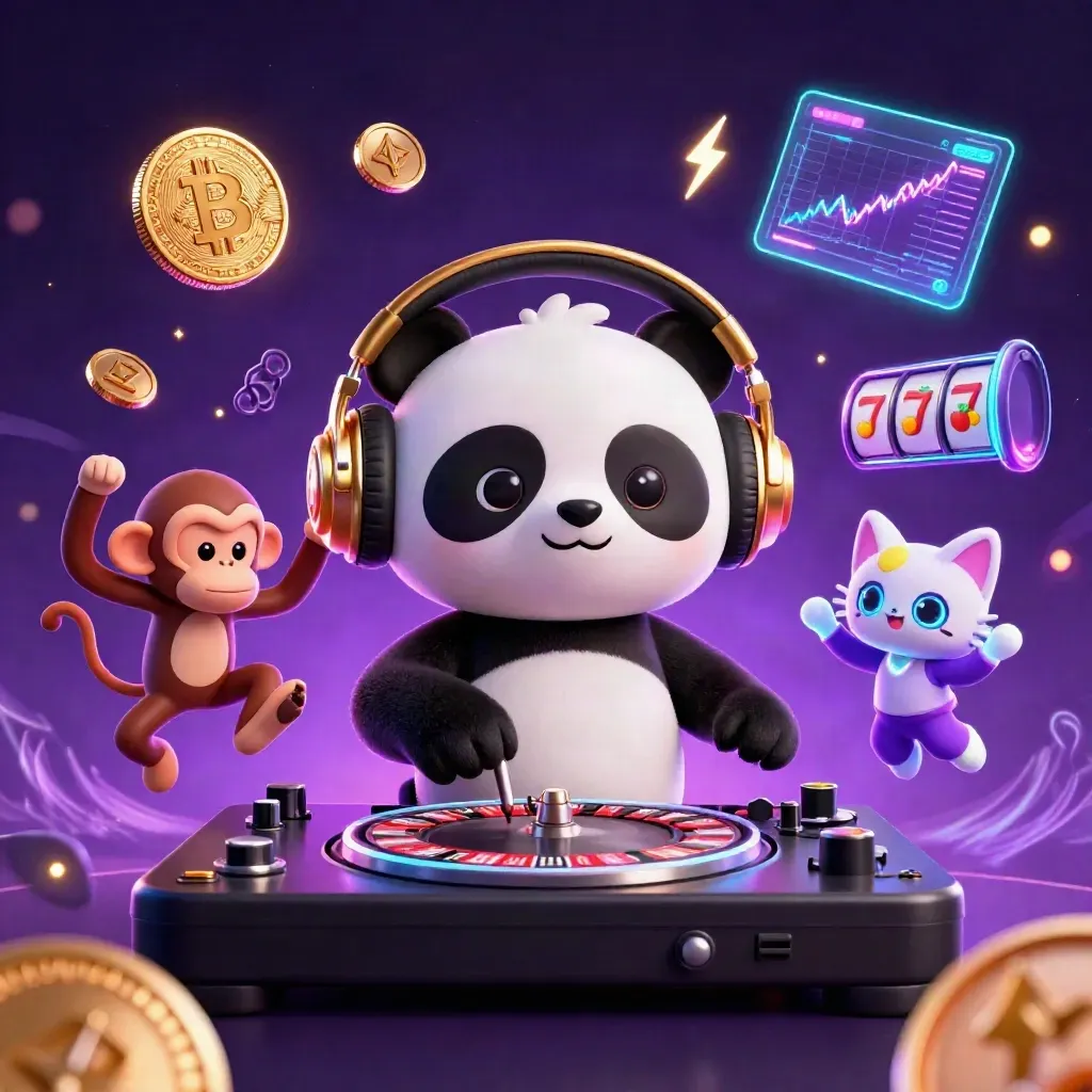 Neon casino key art with panda DJ, breakdancing monkey, and glow-stick kitten amid coins, lightning, and gems.