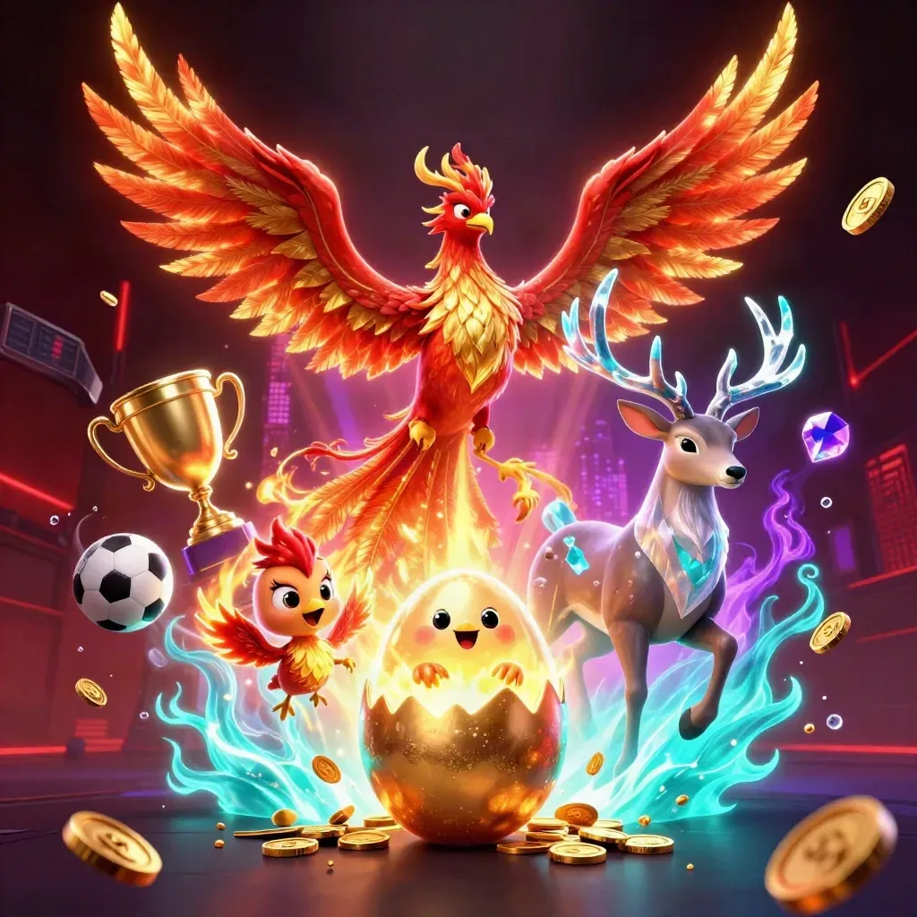 Fiery phoenix, hatching chick, and crystal stag explode with coins and neon casino glow.