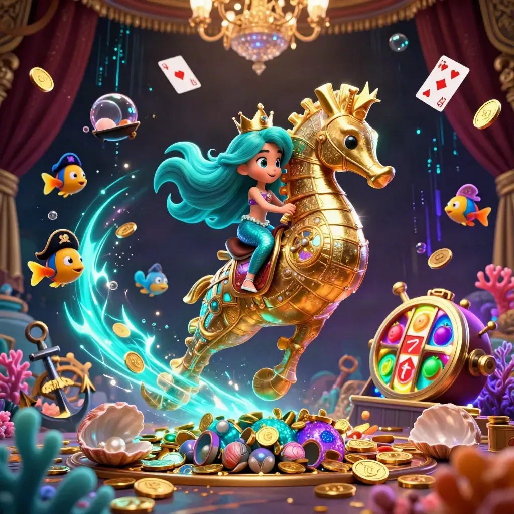 Mermaid princess on golden seahorse in a neon treasure cove with pirate fish and casino glow
