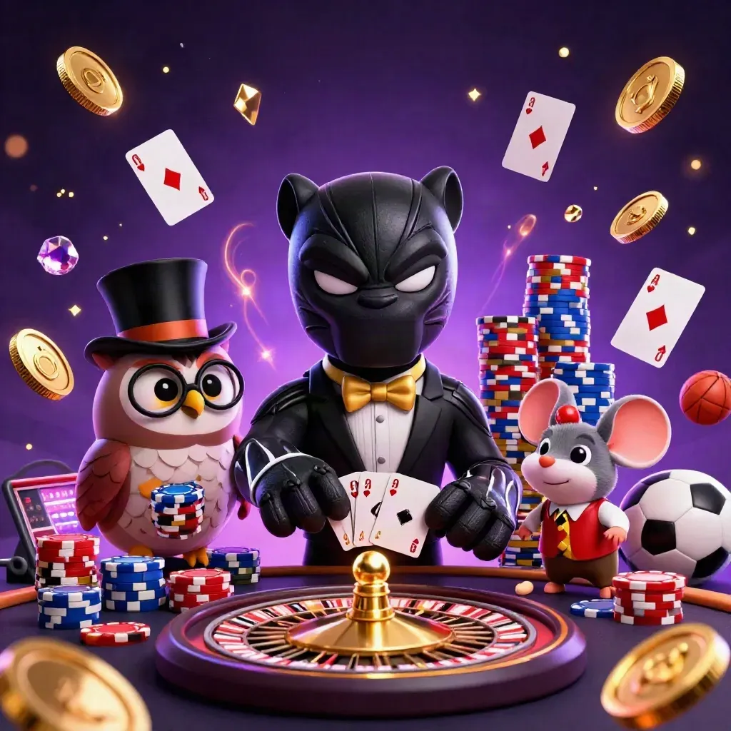 Panther, owl and mouse celebrate amid coins, chips, fireworks and neon casino energy