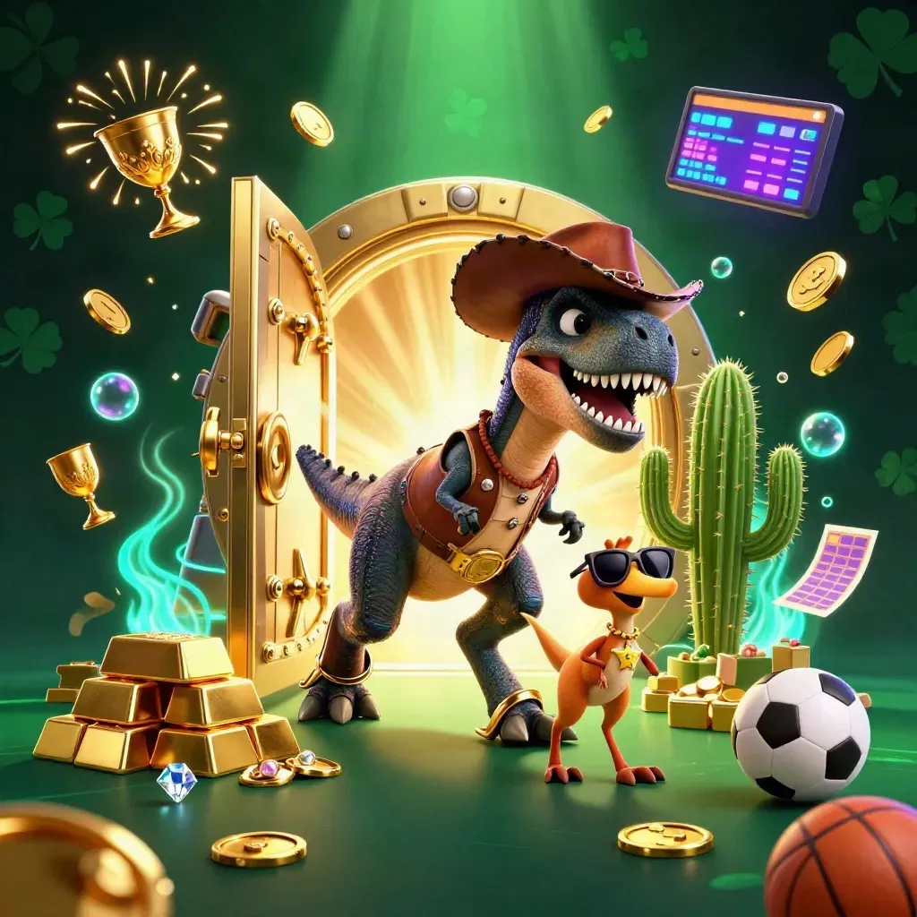 Cowboy T-Rex, cactus sidekick, and roadrunner burst from a golden vault amid coins and neon casino glow.