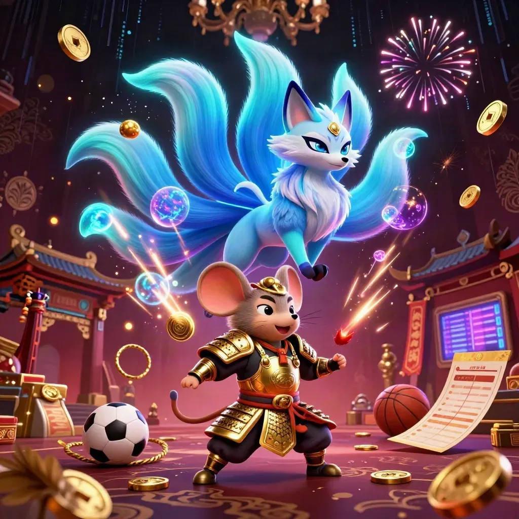 Neon fox spirit and armored mouse amid vault burst, coins, fireworks, and casino props