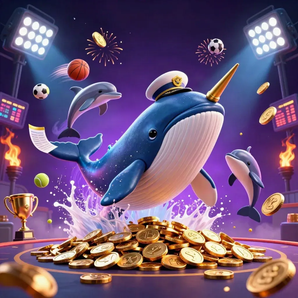 Whale captain, narwhal, and dolphins burst through gold coins with sports balls and fireworks.