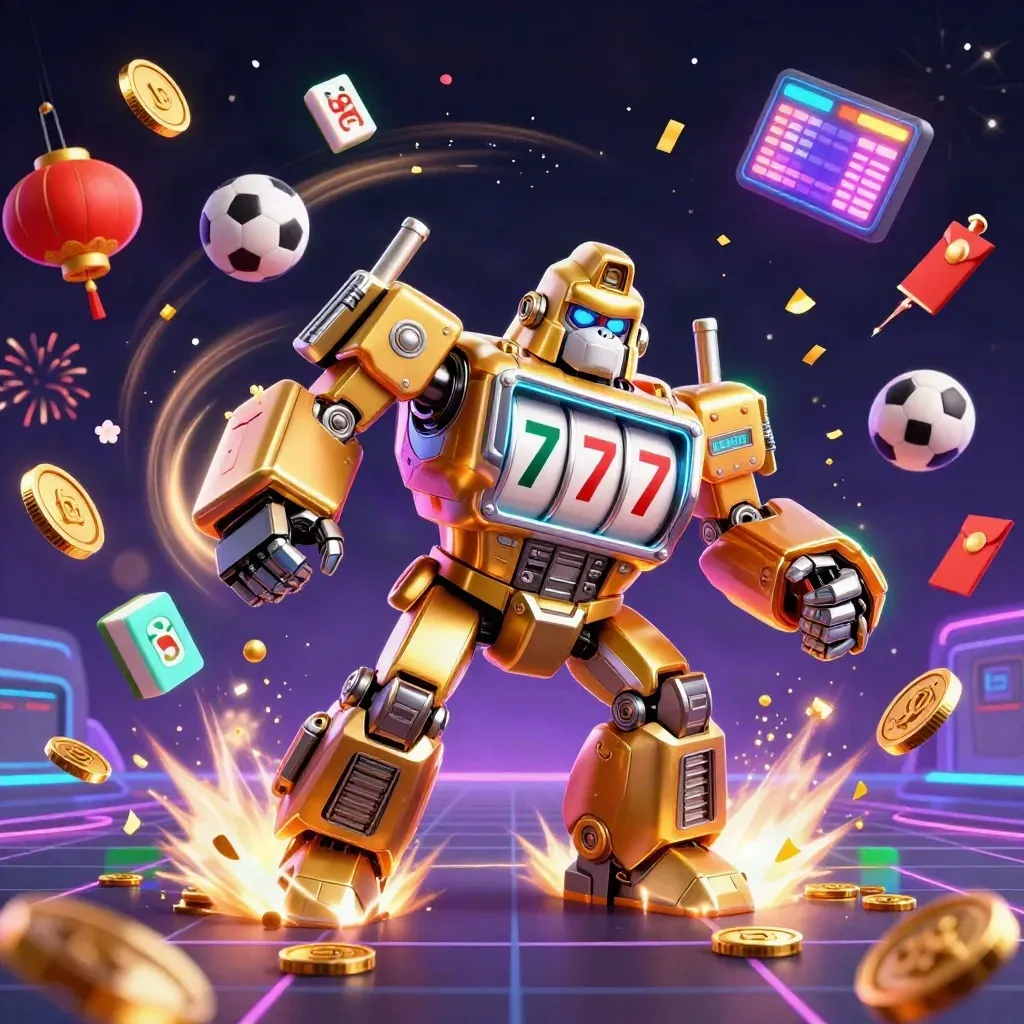 Golden gorilla mech with tiny pilot, coins, lanterns, fireworks, and neon casino energy.