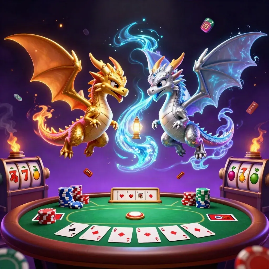 Intertwined gold and silver dragons circling poker chips, cards, slot reels, and neon magic