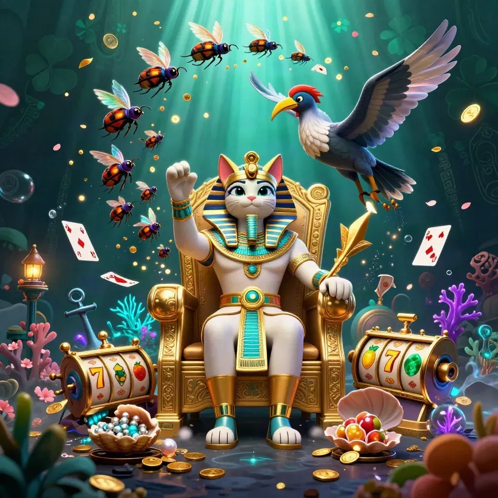 Golden pharaoh cat on a throne with ibis scribe, scarabs, and casino treasures in neon glow