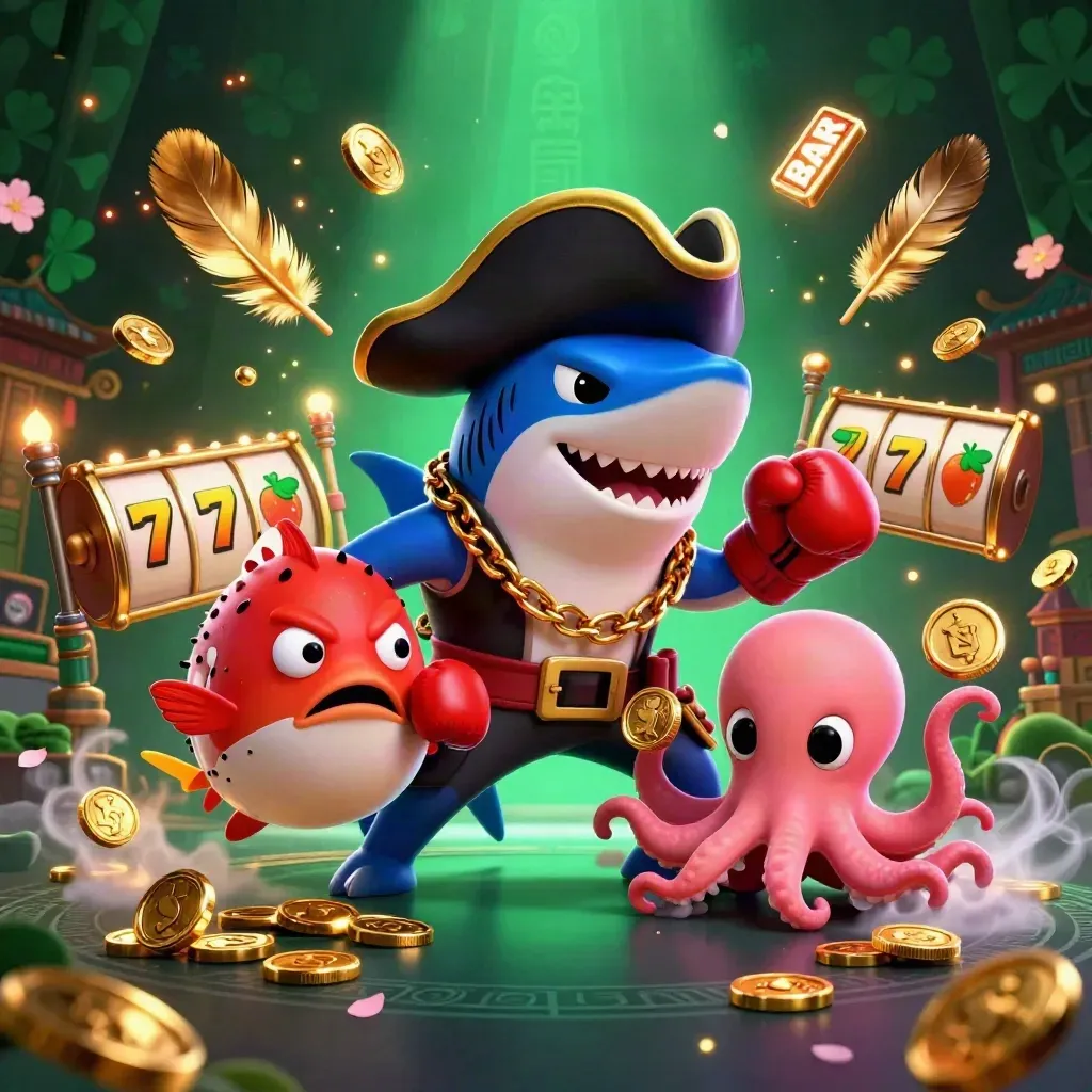 Shark pirate, boxing pufferfish, and juggling octopus amid casino reels and emerald glow.