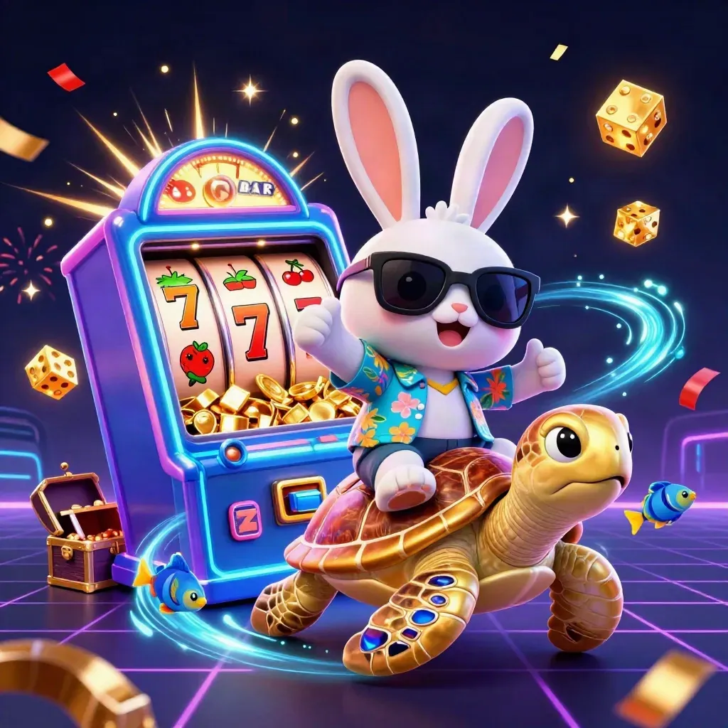 Rabbit in sunglasses rides a golden sea turtle amid slot reels, gold, confetti, and fireworks.