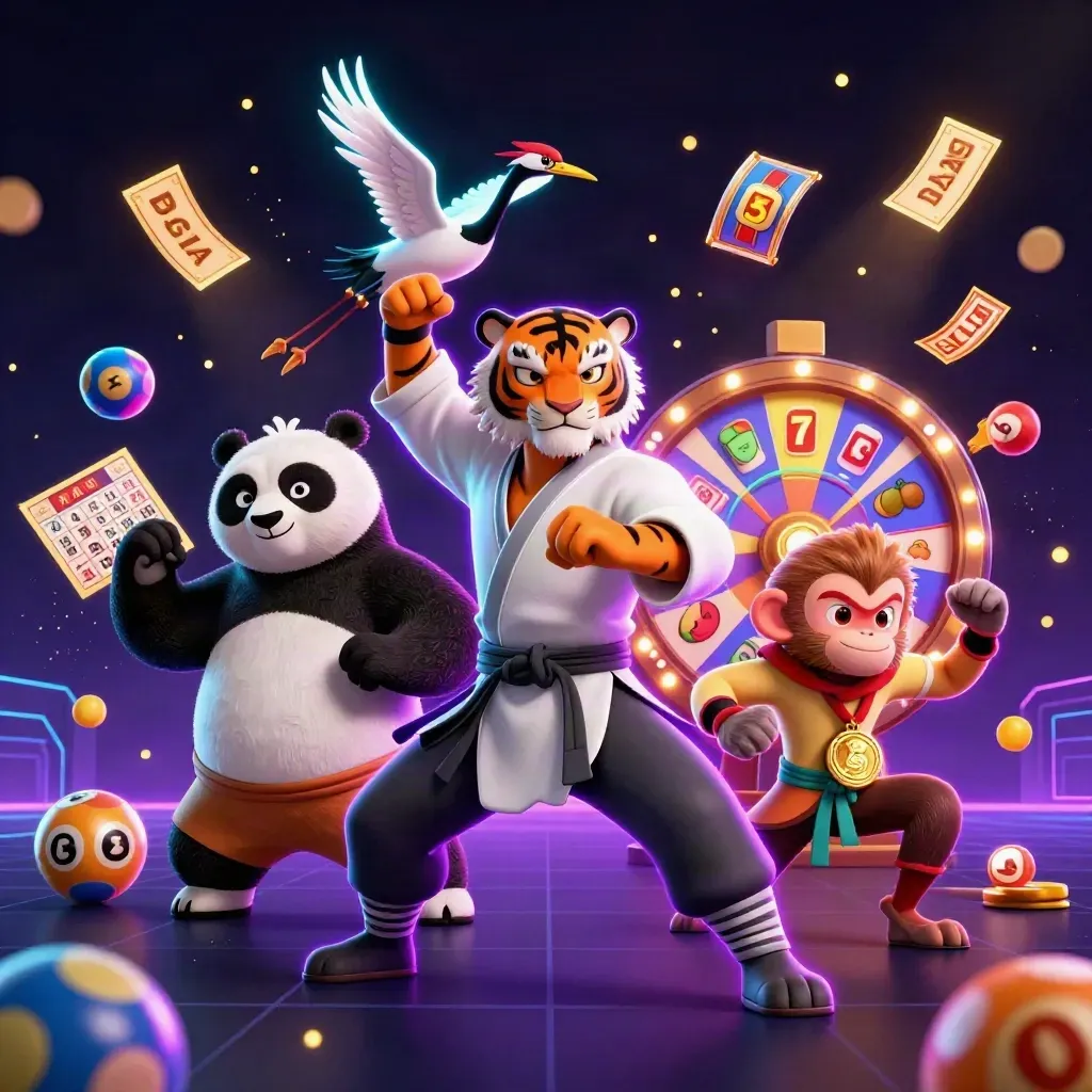 Kung-fu tiger, panda, and monkey amid casino symbols on a neon dark backdrop.