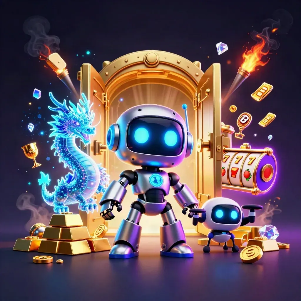 Cyberpunk robot, holographic dragon, and coin drone amid a glowing vault of gold and sparks