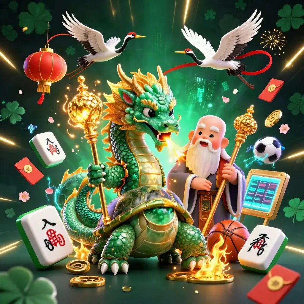 Emerald dragon, turtle sage, and ribboned cranes amid casino luck symbols and neon lights.