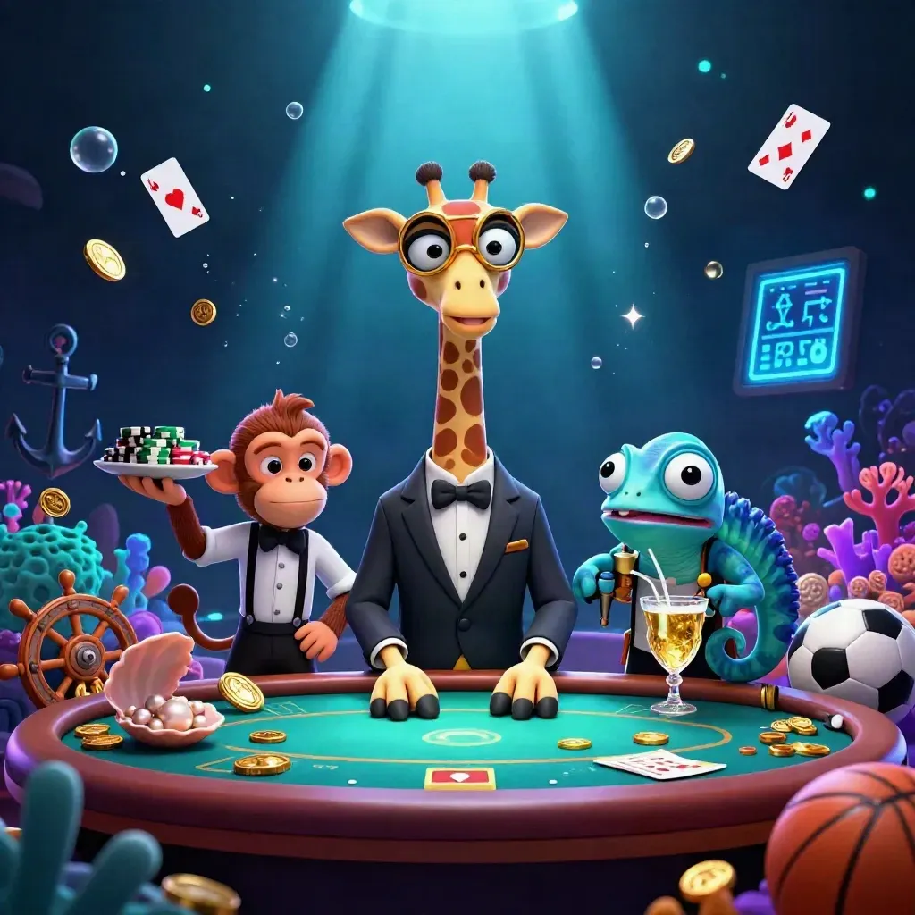 Three casino mascots at a glowing VIP poker table amid underwater treasure and neon effects