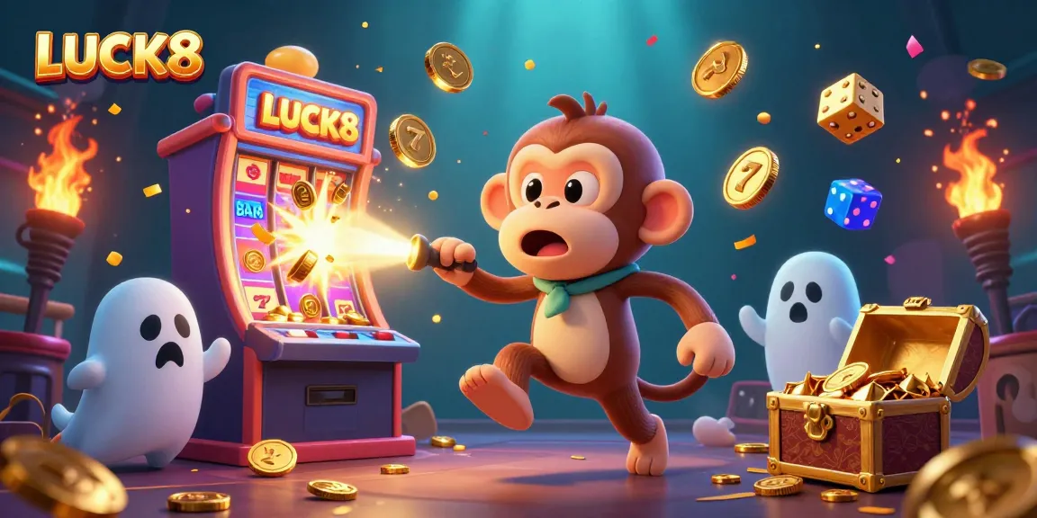 LUCK8 showcases a whimsical casino scene with a poltergeist monkey and ghost-hunter puppy surrounded by dynamic gaming elements.