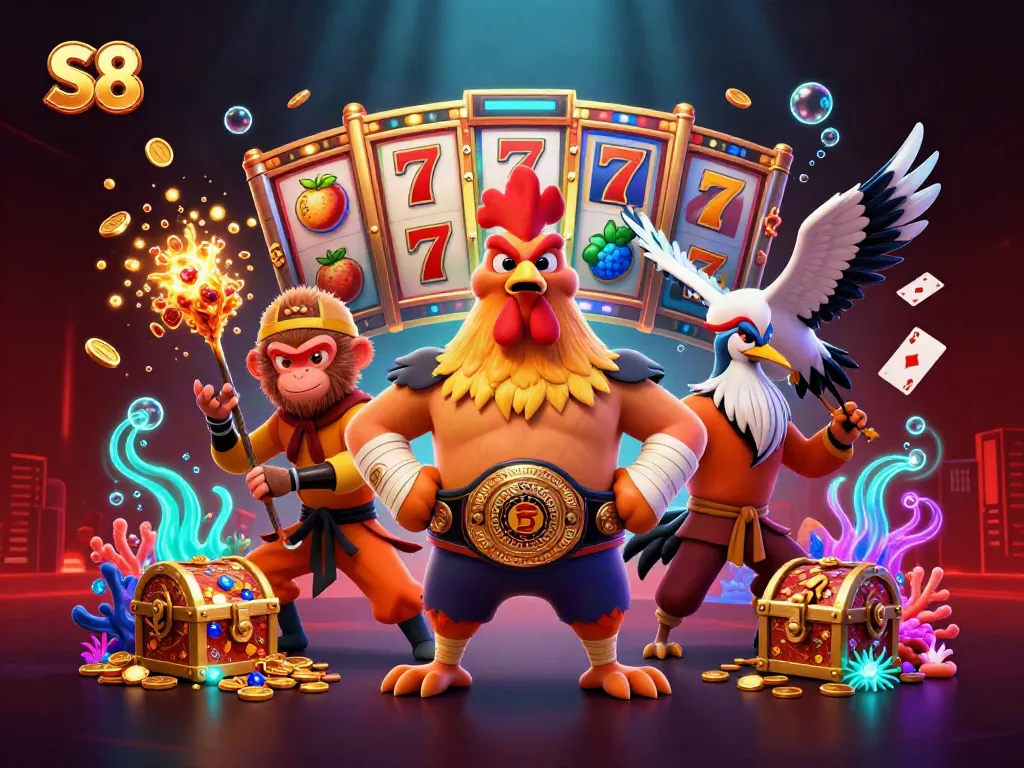 S8 themed 3D casino illustration featuring a Muay Thai rooster, monkey martial artist, and crane master surrounded by slot reels and vibrant visuals.