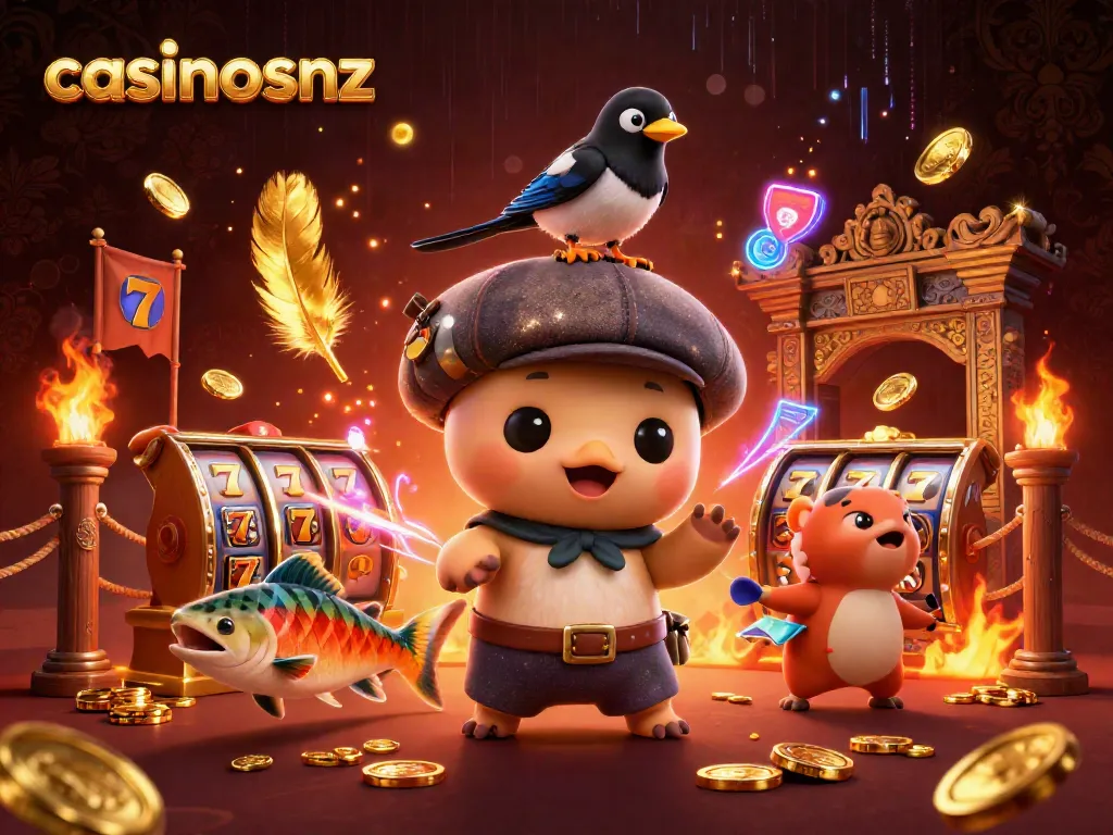Engage with casinosnz through playful 3D characters in a vibrant casino-themed illustration.