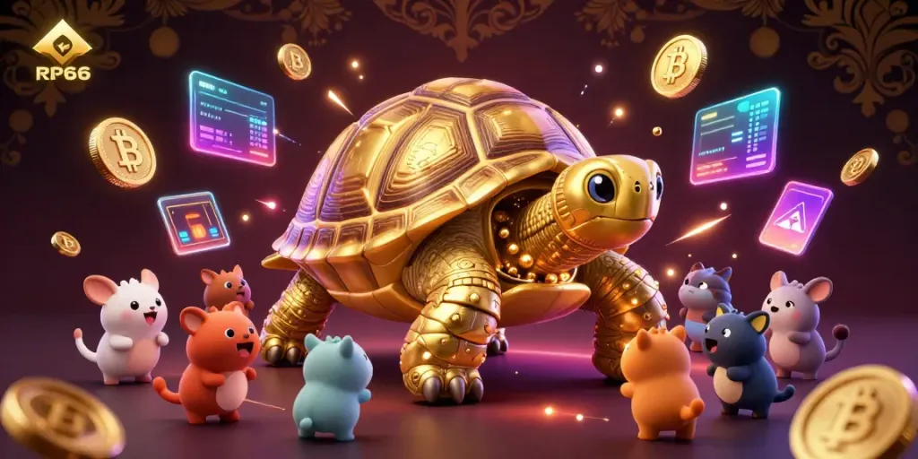 Join the fun with RP66 featuring a golden tortoise pinball machine, small animals, and vibrant crypto elements for an exciting gaming experience.