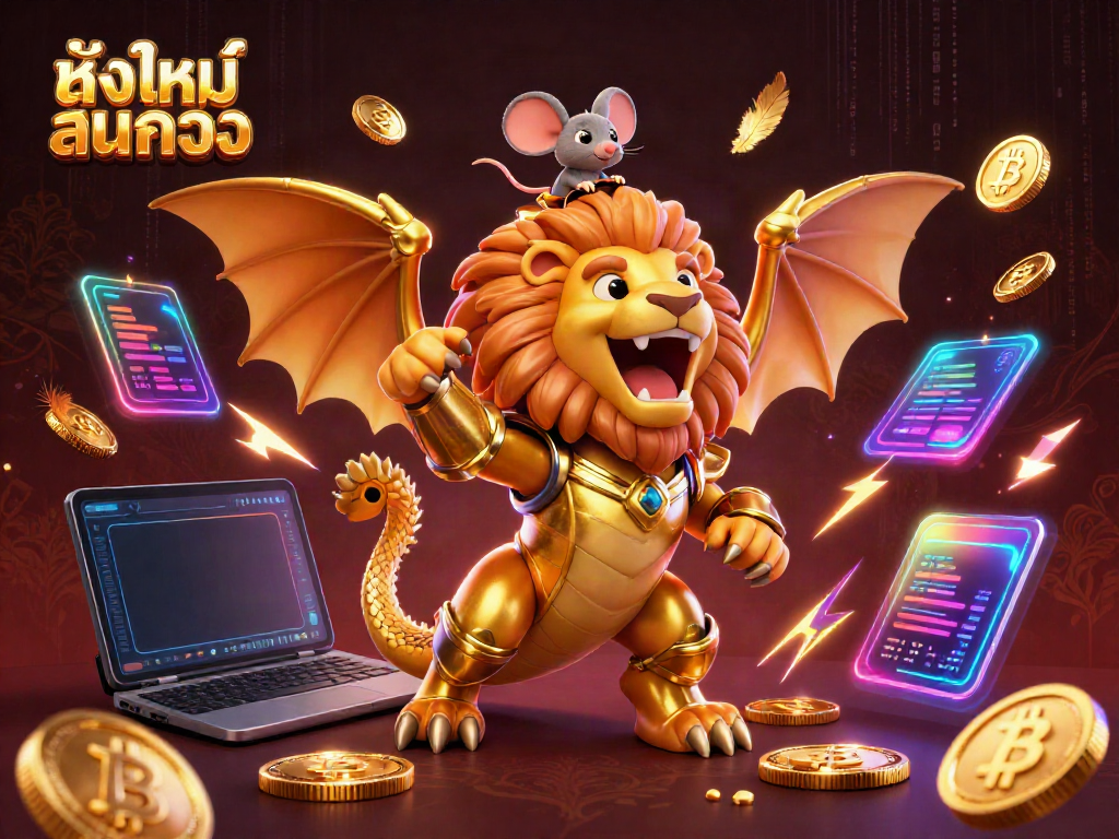 Experience thrilling หนังใหม่ชนโรง with a vibrant 3D scene featuring a chimera and cryptocurrency elements.
