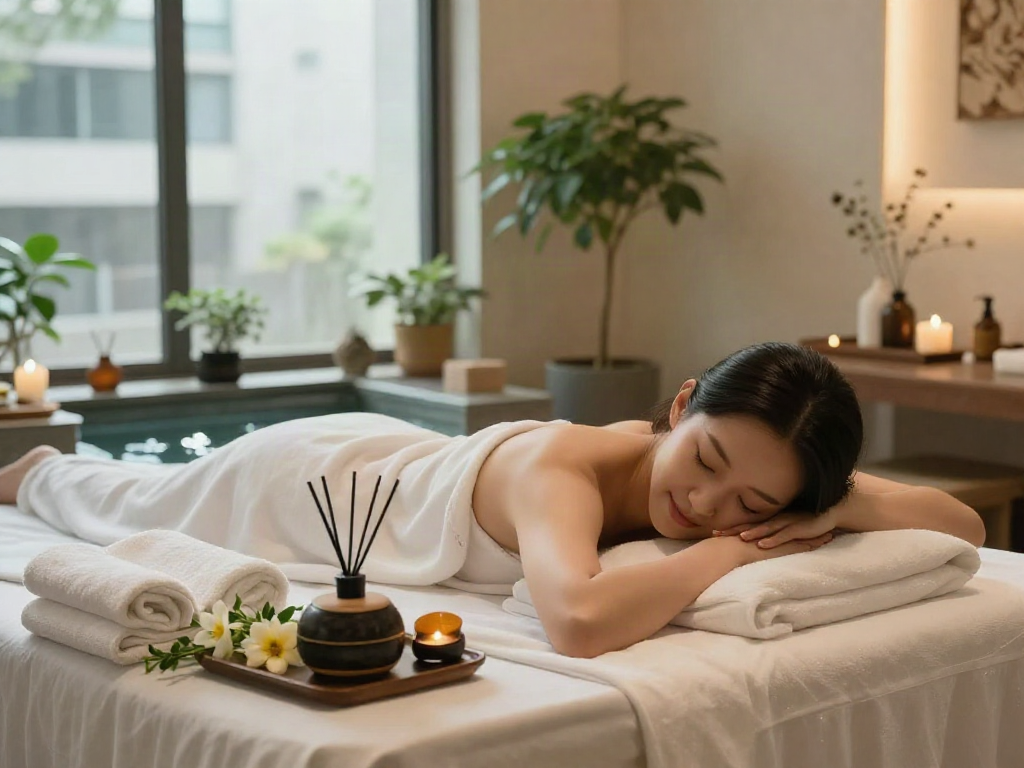 시흥출장안마 session in a peaceful wellness spa atmosphere with soothing decor.