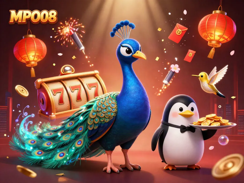 MPO08 showcases a vibrant casino scene featuring an aristocratic peacock, a butler penguin, and dynamic slot reels.