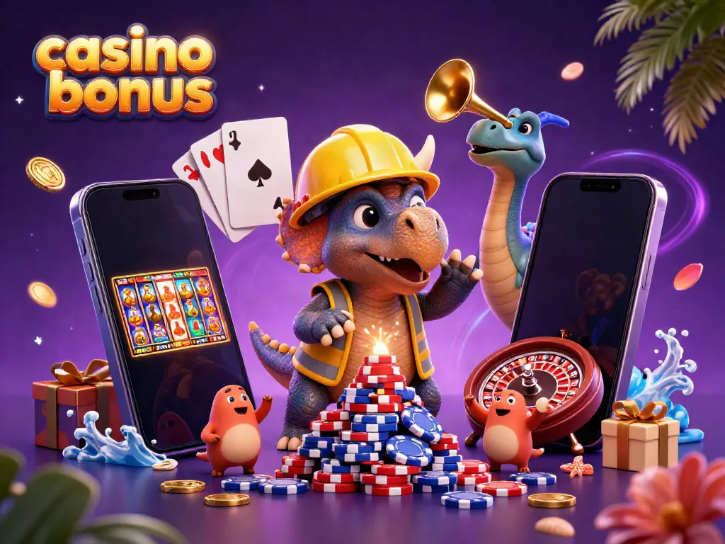 Engage in exciting slot adventures with a vibrant casino bonus scene featuring cartoon dinosaurs and gold coins.