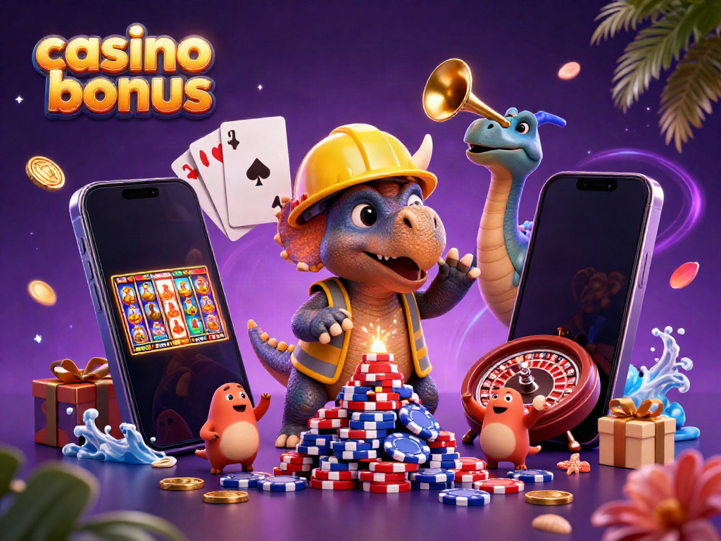 Engage in exciting slot adventures with a vibrant casino bonus scene featuring cartoon dinosaurs and gold coins.