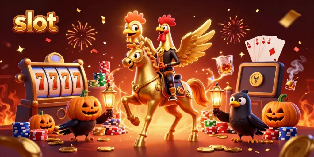 Permainan slot dengan karakter ayam jantan emas dan karakter berkepala labu meriah di kasino malam