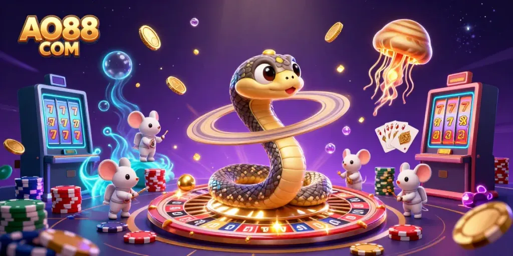 Experience the thrilling universe of AO88 COM with a coiled roulette wheel and placing bets in a cosmic casino scene.