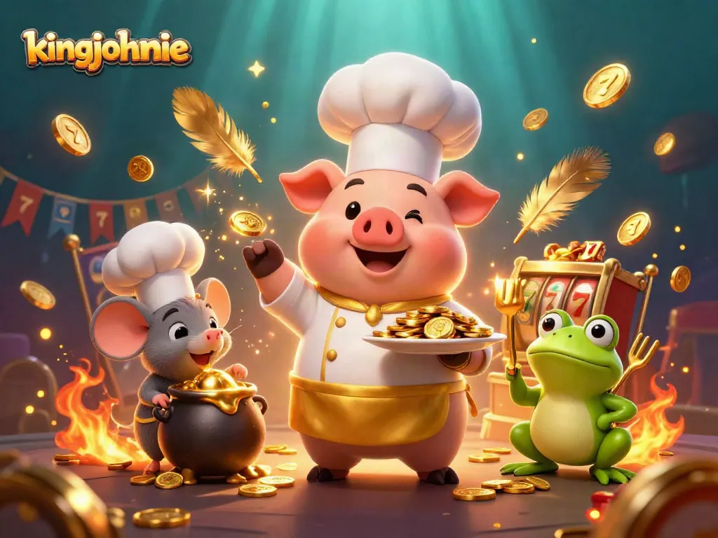 Engage with kingjohnnie as the chef pig serves gold coins with vibrant casino elements.