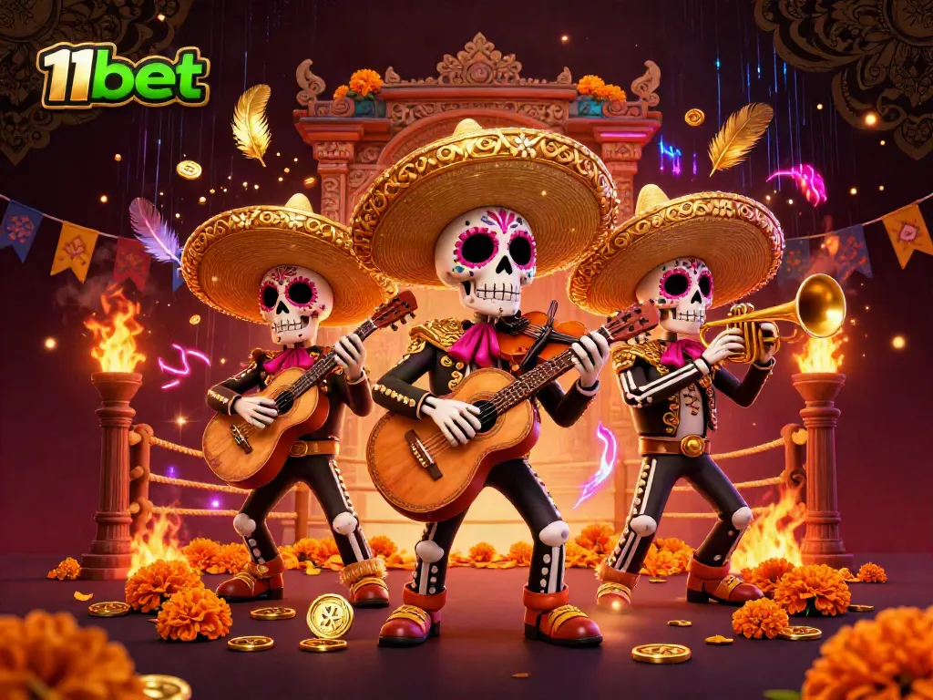 Experience the vibrant 3D mariachi band at 11bet, surrounded by gambling-themed elements and festive energy.
