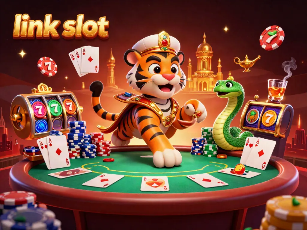 Experience the thrill of link slot games with the tiger sultan and genie in a vibrant casino scene.