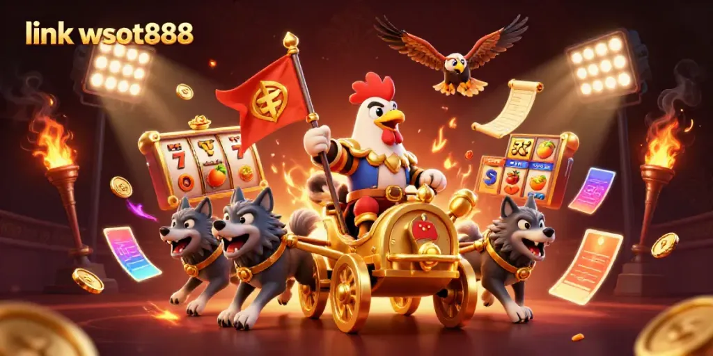 Ikon slot menarik dengan link wslot888, menunjukkan karakter kartun berkuda emas di arena kasino.
