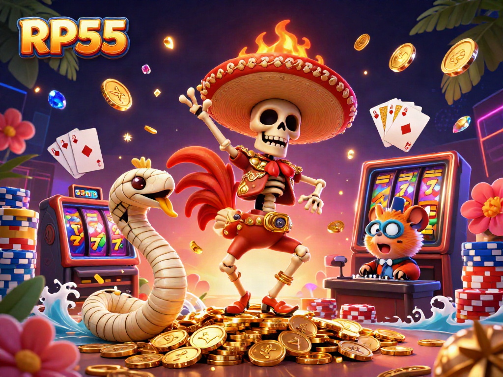 Celebrate wins with RP55 in a vibrant 3D casino illustration packed with colorful game elements and dynamic characters.