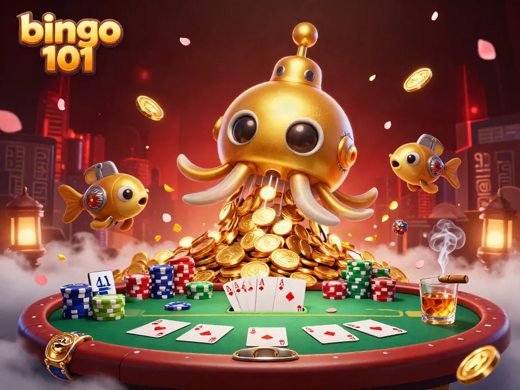 Engage with bingo 101 through an exhilarating 3D underwater scene featuring golden kraken submarine and vibrant poker elements.