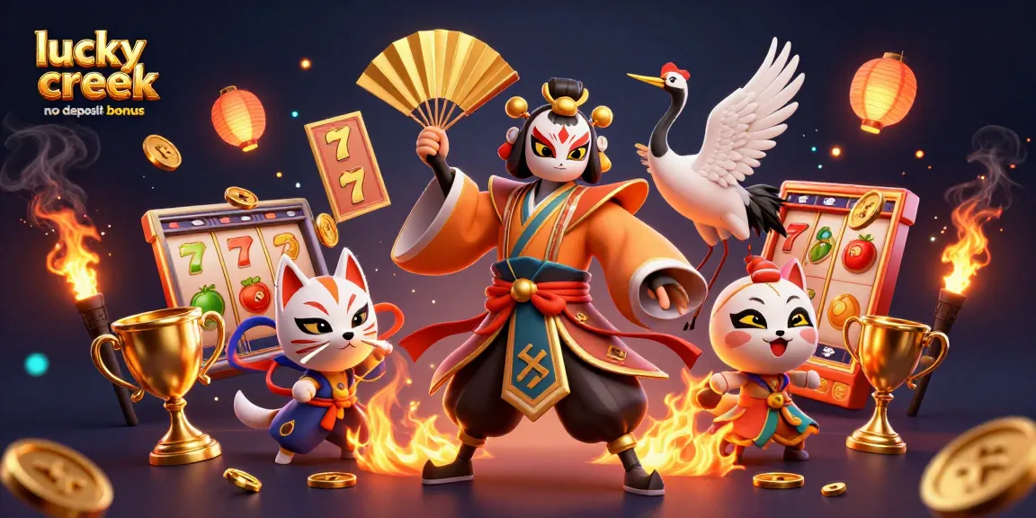 Engage with the lucky creek no deposit bonus in a vibrant, dynamic 3D casino scene filled with colorful elements and energy.