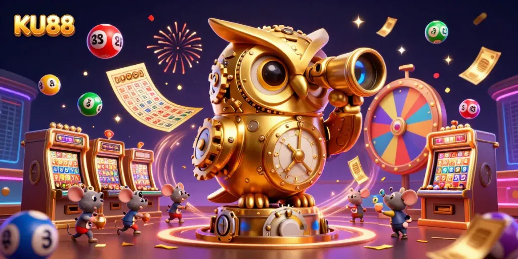 Engage with the vibrant world of KU88, where a clockwork owl oversees an energetic casino scene filled with lucky charms.