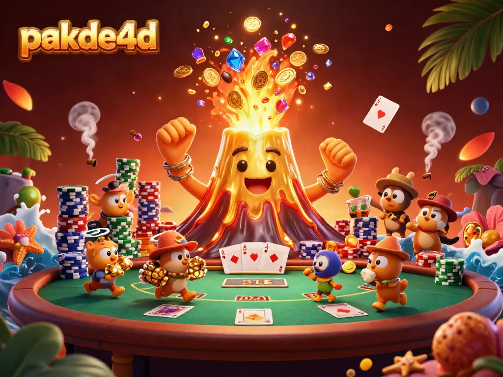 Engage with pakde4d's dazzling golden volcano showcasing a treasure eruption, surrounded by poker-themed excitement.