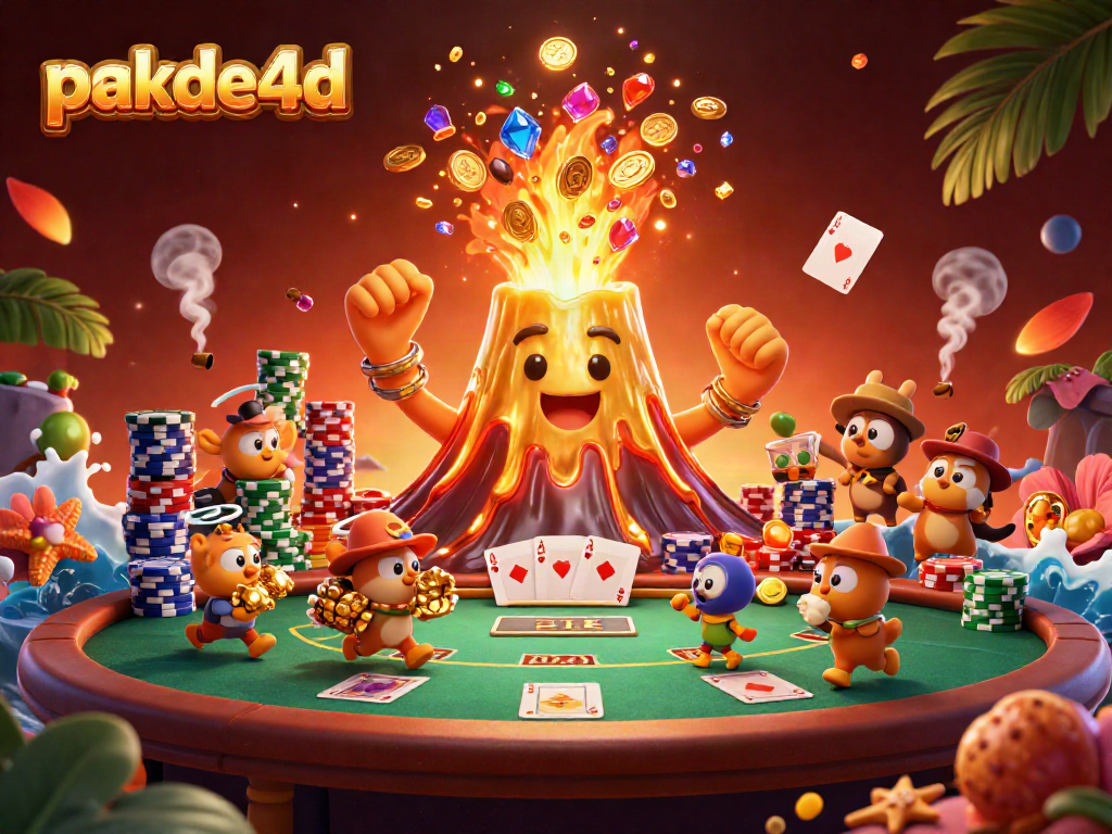 Engage with pakde4d's dazzling golden volcano showcasing a treasure eruption, surrounded by poker-themed excitement.