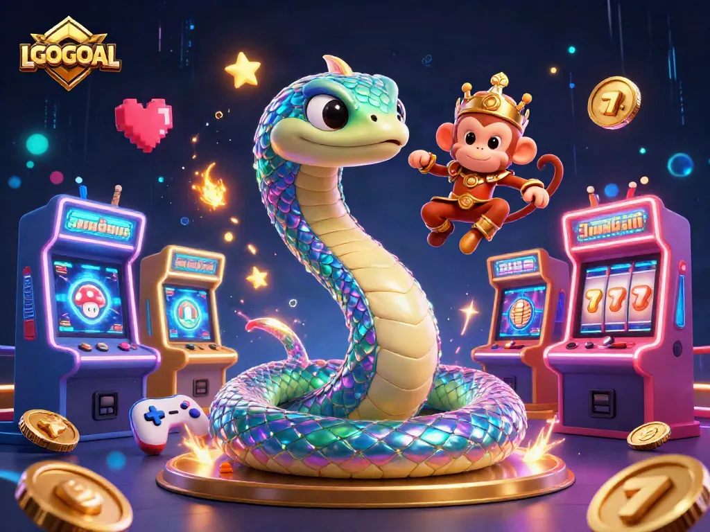 Experience thrilling gaming action on LGOGOAL with a vibrant casino scene featuring a rainbow serpent and playful monkey king.