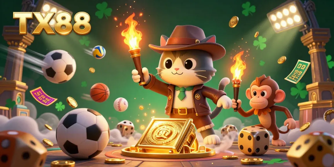 Engage with exciting TX88 casino action featuring an explorer cat uncovering treasures amid dynamic sports elements.